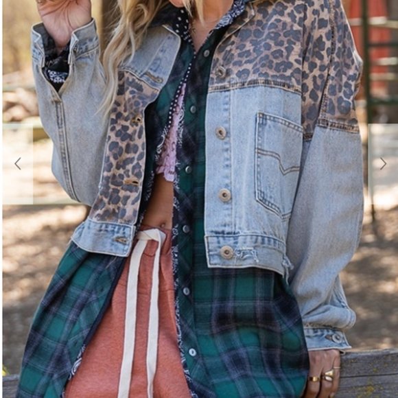 Distressed Denim and Leopard Short Oversized Jacket - Picture 8 of 17